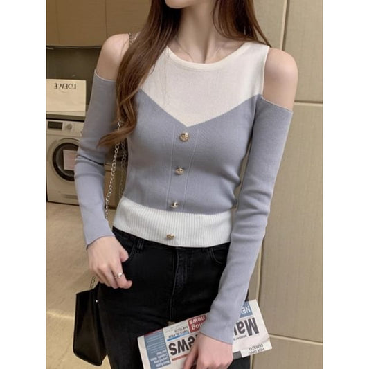 Two-Tone Mock Two-Piece Cold-Shoulder Long-Sleeved Knit Top