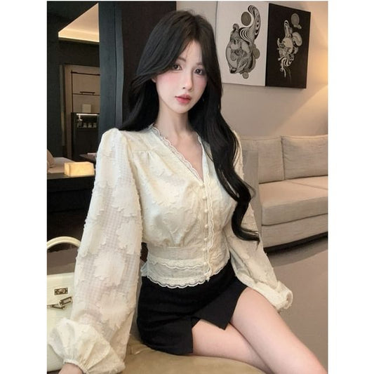 Button-Up Cropped Blouse with Jacquard Lace Trim V-Neckline and Long Sleeves