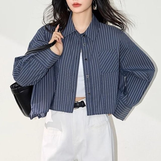 Striped Long-Sleeve Cropped Shirt with Classic Pattern