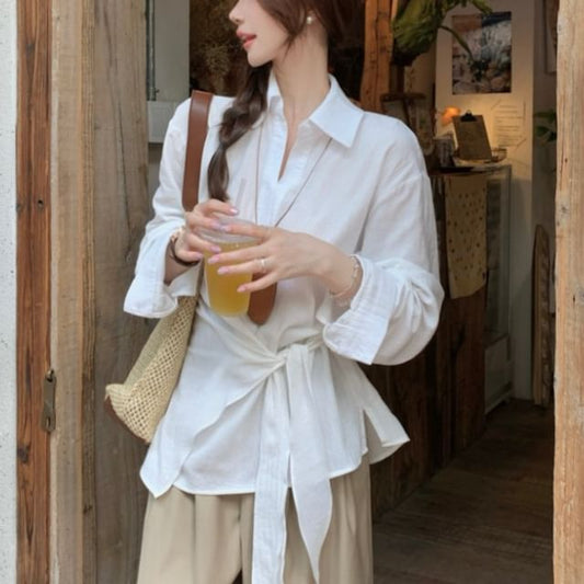 Tie-Up Collared Shirt with Long Sleeves in Solid Color Style