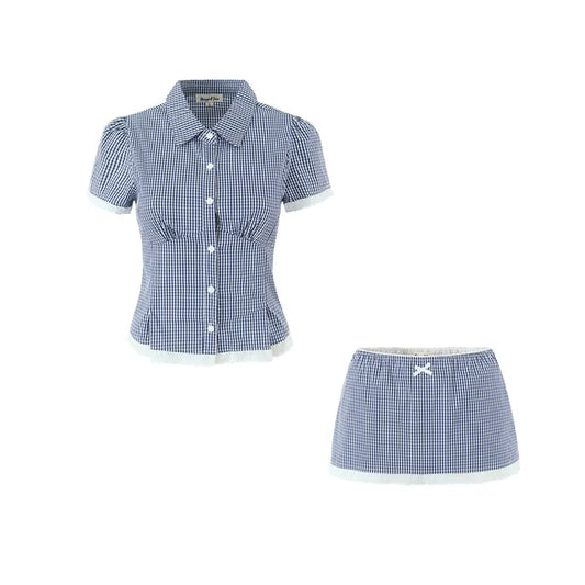 Gingham Puff-Sleeve Blouse with Lace Trim Button Front / Mini Pencil Skirt Mid Waist