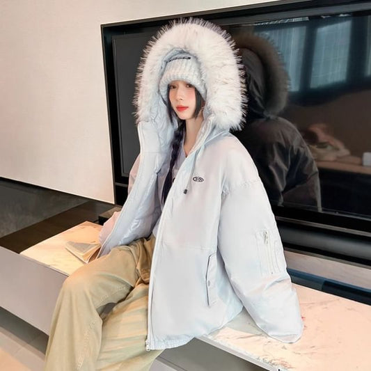 Long Sleeve Plain Loose-Fit Furry-Trim Hooded Jacket