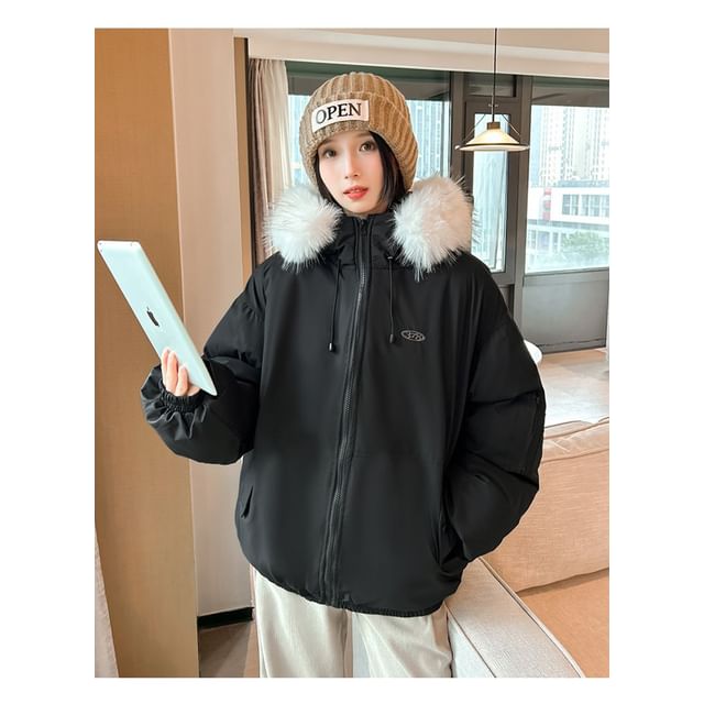 Long Sleeve Plain Loose-Fit Furry-Trim Hooded Jacket