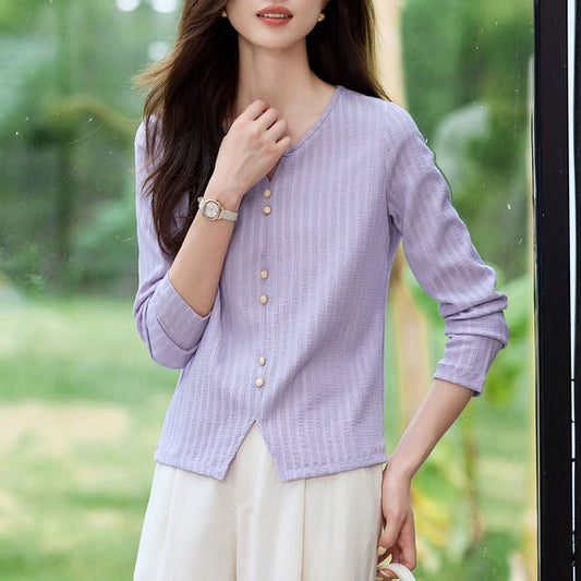 Ribbed Top with V-Neckline and Long Sleeves in Solid Color Style