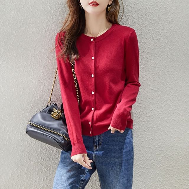Round Neck Solid Button-Up Cardigan