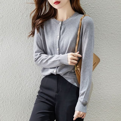 Round Neck Solid Button-Up Cardigan