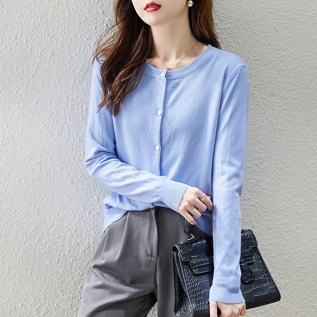 Round Neck Solid Button-Up Cardigan