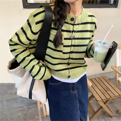 Striped Crew Neck Button-Front Crop Cardigan