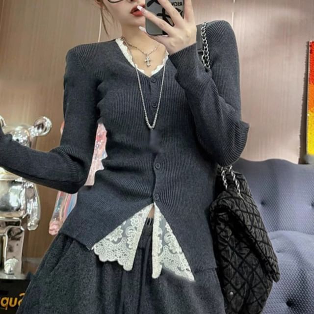 Mock Two-Piece V-Neck Lace Panel Button-Up Cardigan