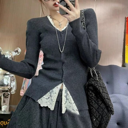 Mock Two-Piece V-Neck Lace Panel Button-Up Cardigan