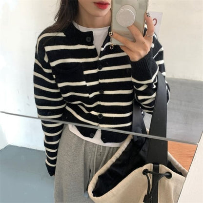 Striped Crew Neck Button-Front Crop Cardigan