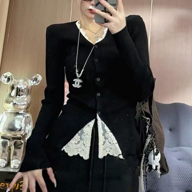 Mock Two-Piece V-Neck Lace Panel Button-Up Cardigan