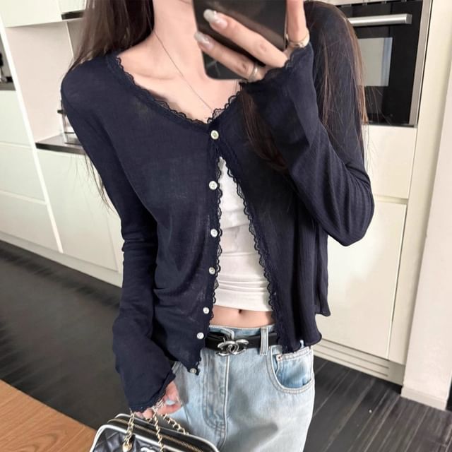 V-Neck Lace Trim Button-Up Cardigan