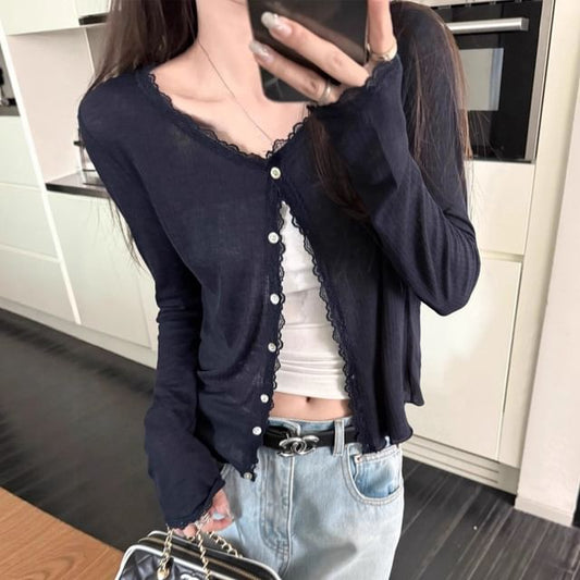 V-Neck Lace Trim Button-Up Cardigan