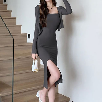 Spaghetti Strap Midi Bodycon Slit Dress & Lettuce Edge Crop Cardigan Set