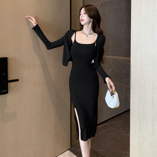 Spaghetti Strap Midi Bodycon Slit Dress & Lettuce Edge Crop Cardigan Set