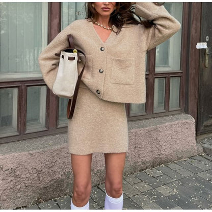 Loose-Fit V-Neck Long Sleeve Cardigan with High-Waisted Knit Mini Skirt