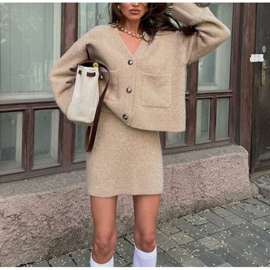 Loose-Fit V-Neck Long Sleeve Cardigan with High-Waisted Knit Mini Skirt