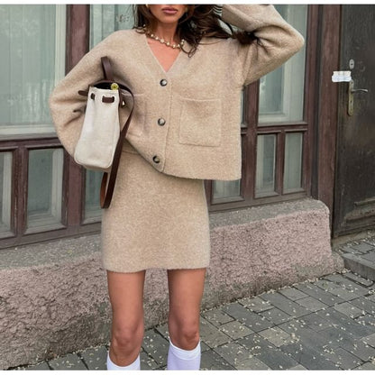 Loose-Fit V-Neck Long Sleeve Cardigan with High-Waisted Knit Mini Skirt