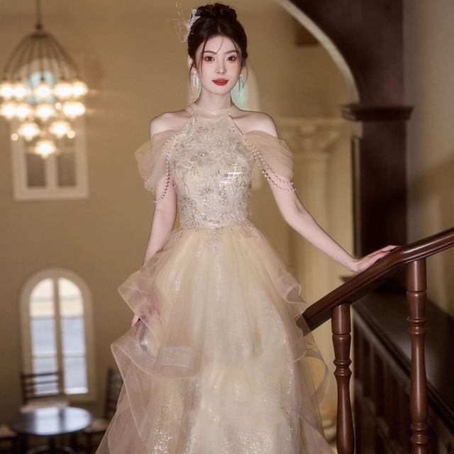 Sequin Evening Off-Shoulder Bead Gown A-Line