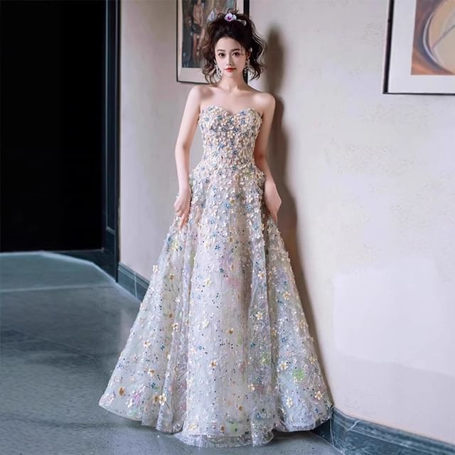 Strapless Floral Mesh A-Line Evening Gown