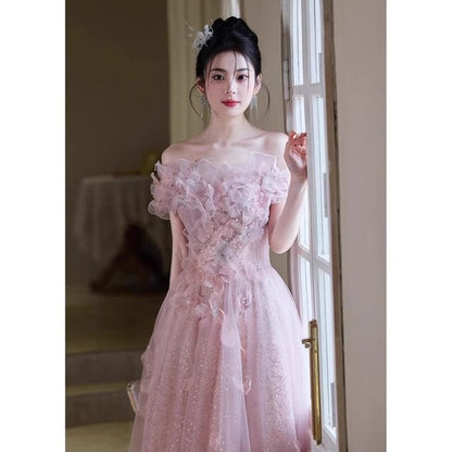 Mesh Accent Flower Evening Ruffle Off-Shoulder Glitter Gown A-Line Trim