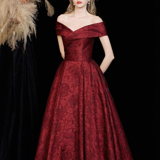 Floral Short-Sleeve A-Line Evening Off-Shoulder Gown