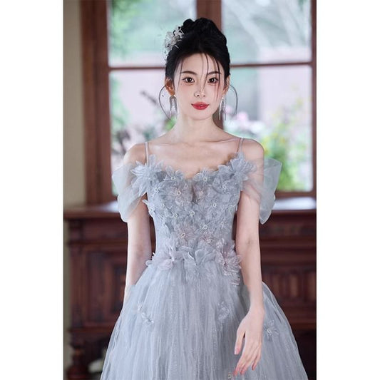 Accent Spaghetti A-Line Mesh Gown Strap Evening Flower