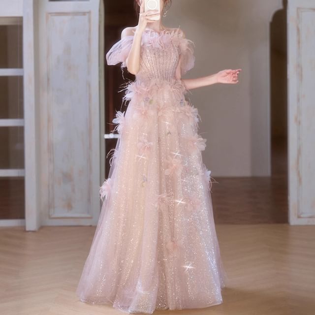 Off-Shoulder Flower Accent Glitter Mesh A-Line Evening Gown