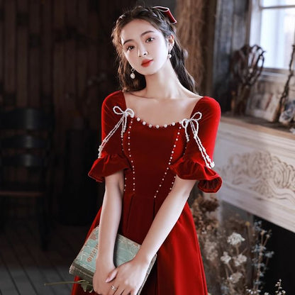 Short-Sleeve Square Neck Faux Pearl Velvet Midi A-Line Evening Dress