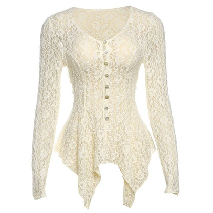 Slim-Fit Asymmetric Buttoned Lace Top with V-Neckline and Long Sleeves