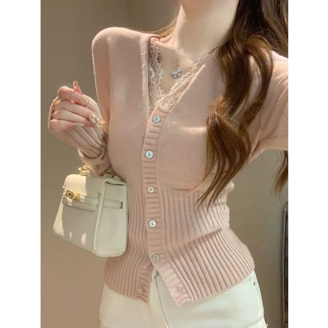 Lace Panel V-Neck Cardigan
