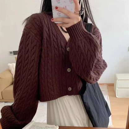 V-Neck Solid Cable Knit Cropped Cardigan