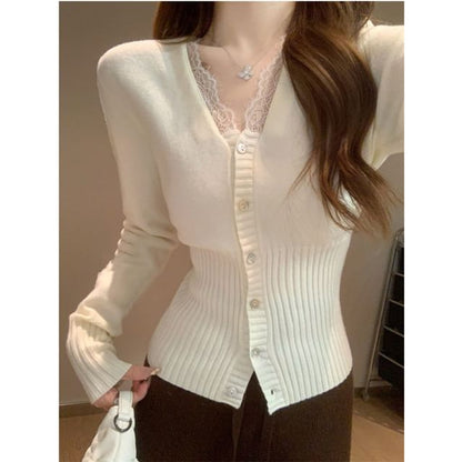 Lace Panel V-Neck Cardigan