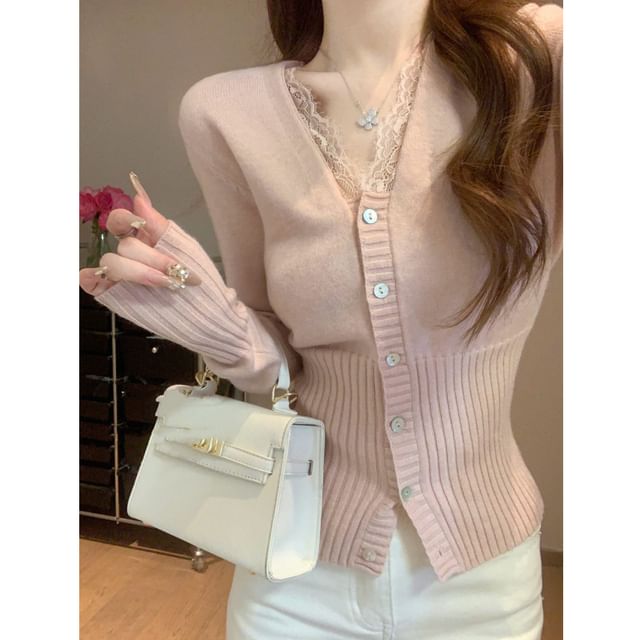 Lace Panel V-Neck Cardigan