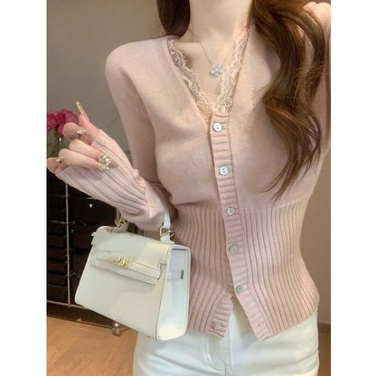 Lace Panel V-Neck Cardigan