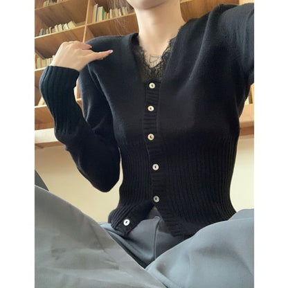 Lace Panel V-Neck Cardigan