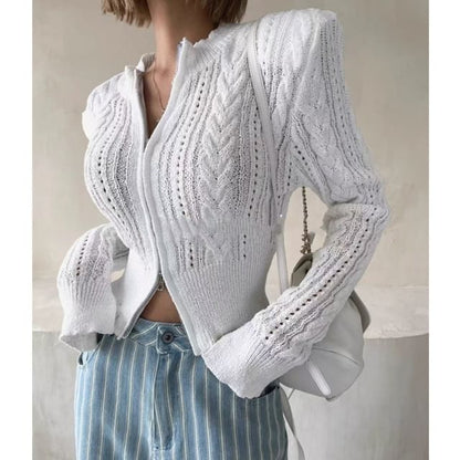 Solid Pointelle Cable Knit Crop Zip Cardigan