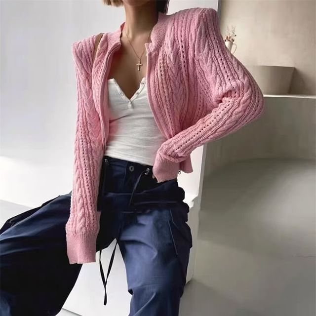 Solid Pointelle Cable Knit Crop Zip Cardigan