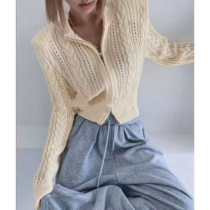 Solid Pointelle Cable Knit Crop Zip Cardigan