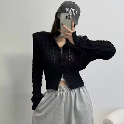 Solid Pointelle Cable Knit Crop Zip Cardigan