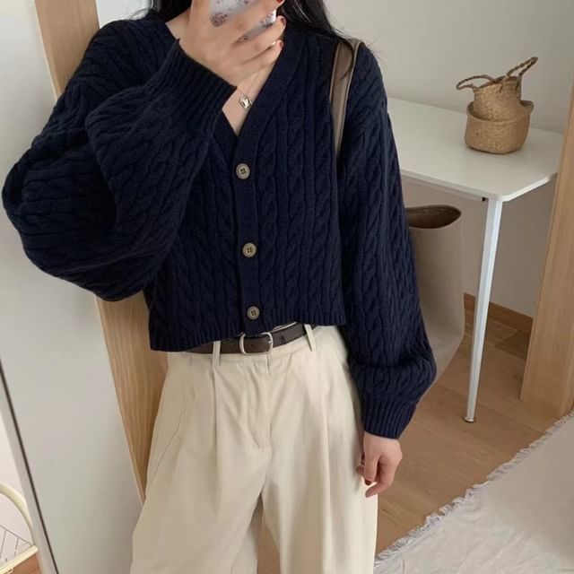 V-Neck Solid Cable Knit Cropped Cardigan