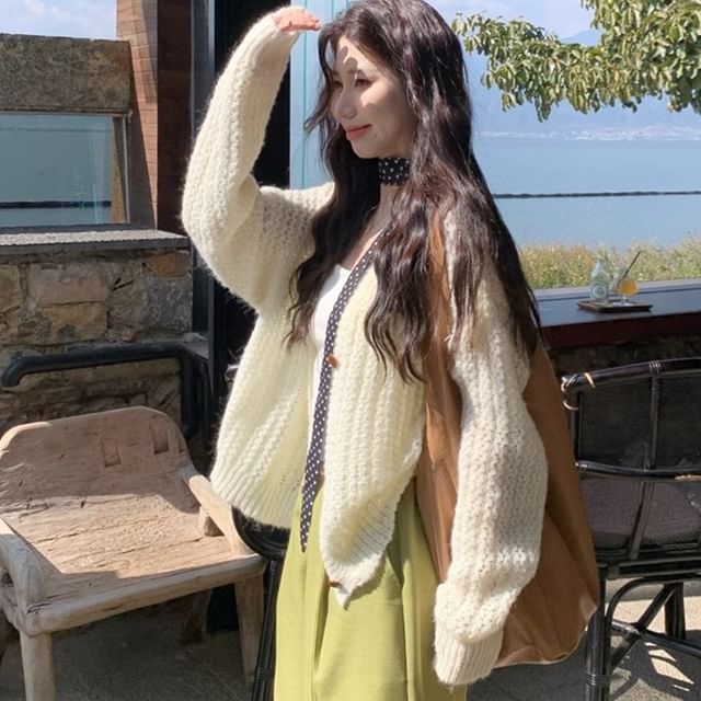 V-Neck Solid Pointelle Cardigan