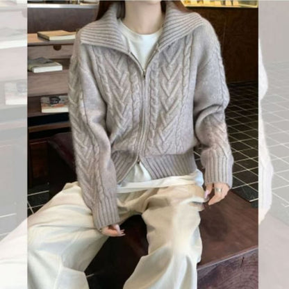 Collared Solid Cable Knit Zip Cardigan