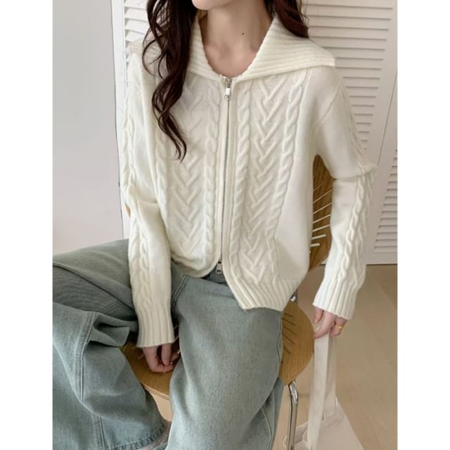 Collared Solid Cable Knit Zip Cardigan