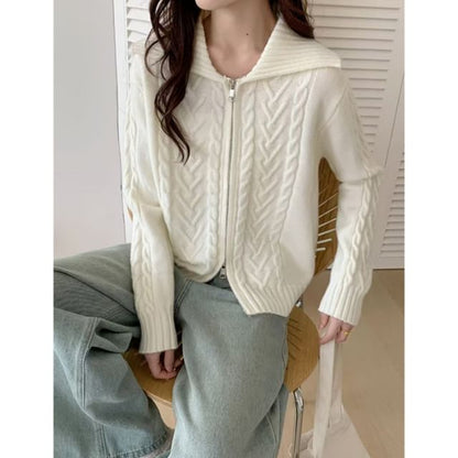 Collared Solid Cable Knit Zip Cardigan