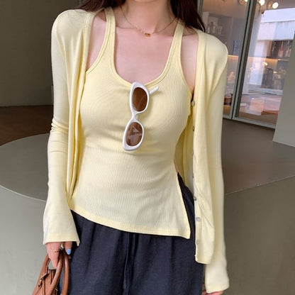 Scoop Neck Padded Racerback Crop Tank & V-Neck Cardigan Set