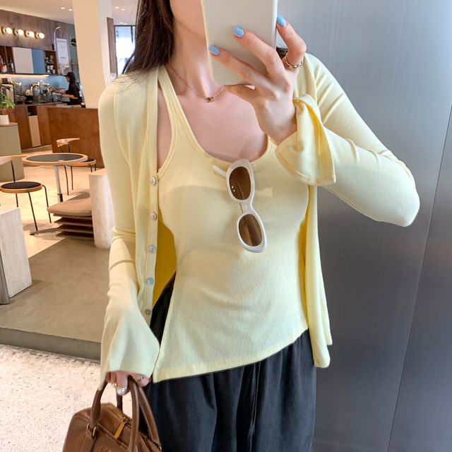 Scoop Neck Padded Racerback Crop Tank & V-Neck Cardigan Set