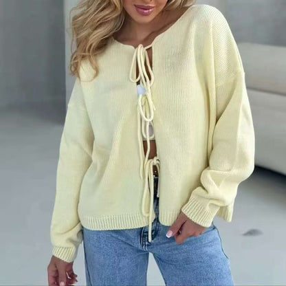 Crew Neck Tie Front Cardigan