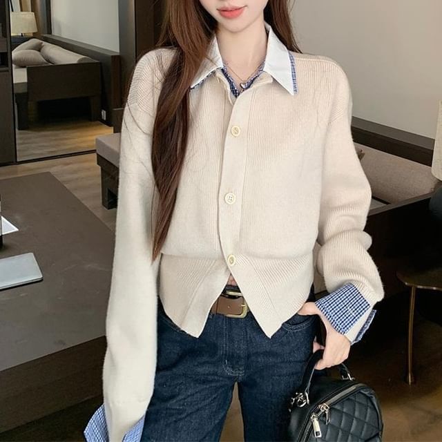Collared Plaid Panel Button-Up Cardigan Mock Two-Piece